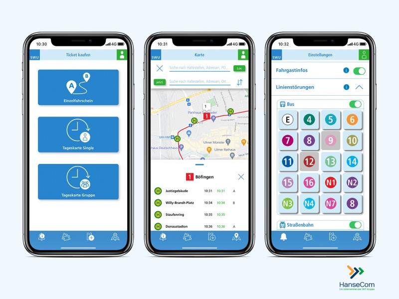 Stadtwerke Ulm/Neu-Ulm setzen auf Mobilitäts-App von HanseCom: Mit ihr können Nutzer unter anderem ÖPNV-Fahrscheine schnell und bequem über die Fahrplanauskunft oder den Ticketkatalog kaufen. 